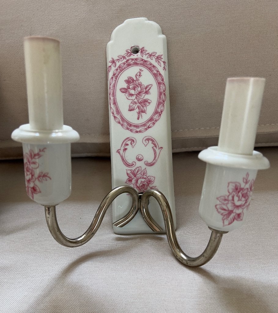 2 Brocante porseleinen Roze met Witte wandlampjes, Ophalen of Verzenden