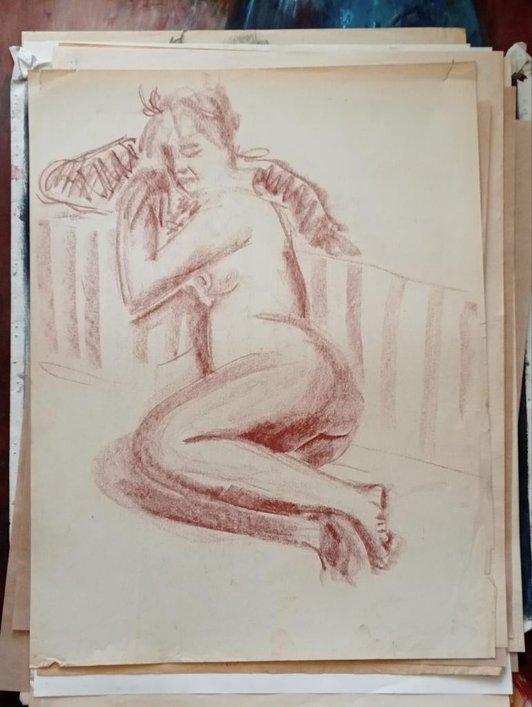 Rood krijt tekening liggend naakt erotiek 20e eeuw, Ophalen of Verzenden