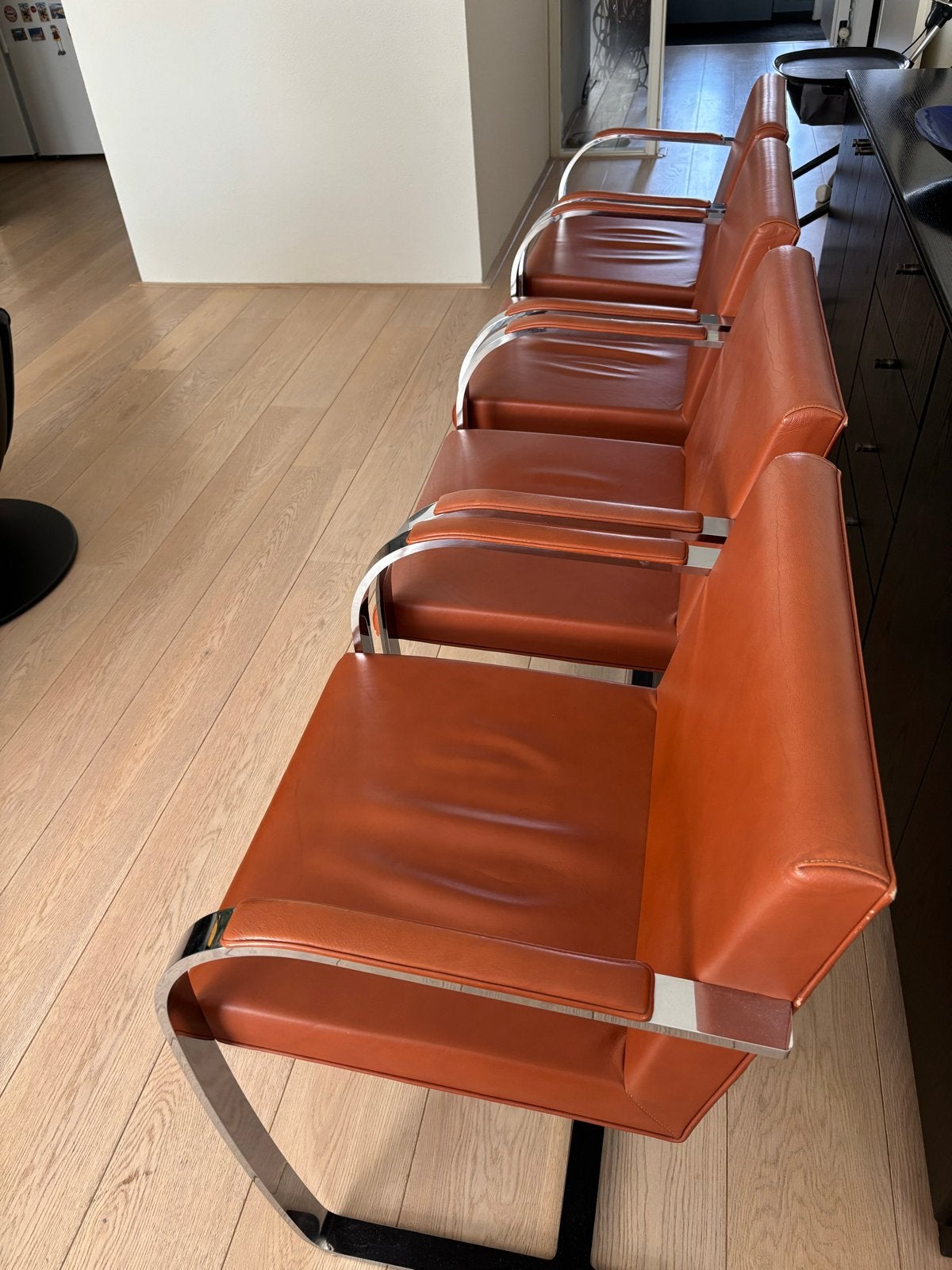 Set van 4 design cognac leren stoelen met chromen frame, Ophalen, Gebruikt, Overige kleuren, Leer