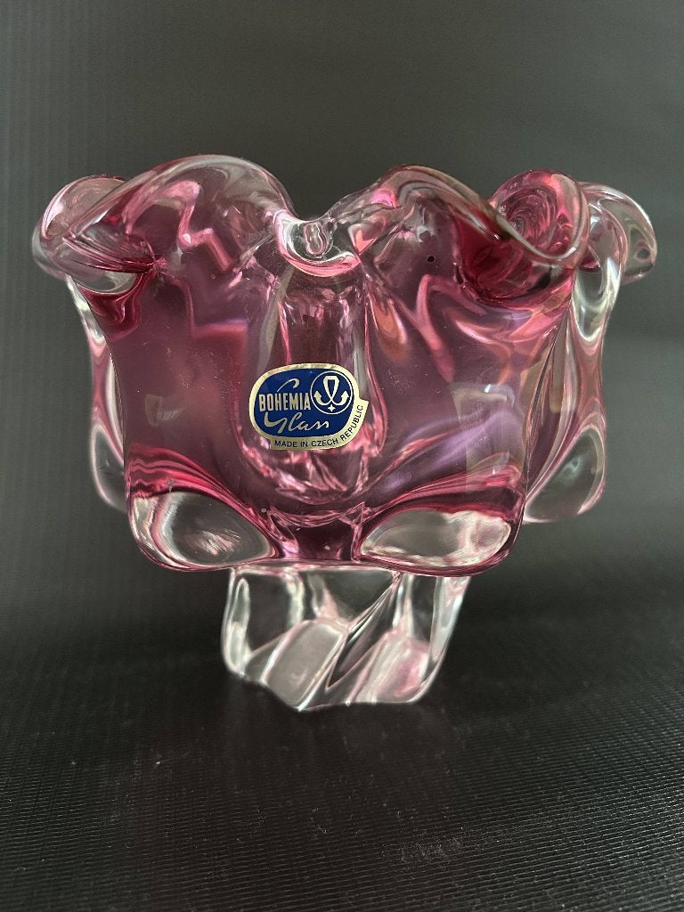 Vintage Bohemia vaas pot schaal glas roze, Ophalen of Verzenden