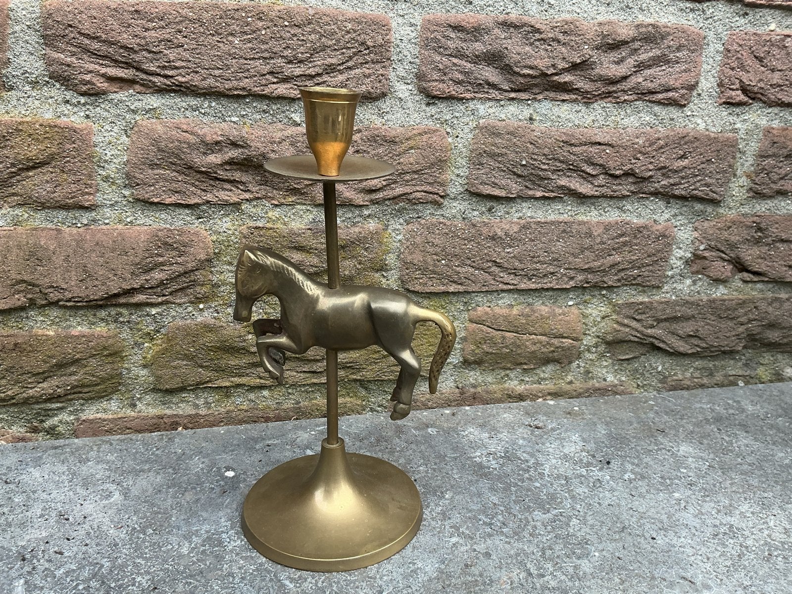 Vintage Koperen Kandelaar met Paard - Uniek Design, Antiek en Kunst, Antiek | Kandelaars, Ophalen of Verzenden, Koper of Brons