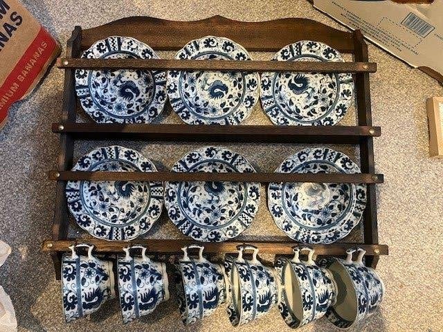blauw witte haan theekop set 6 kop en schotel in rek, Ophalen