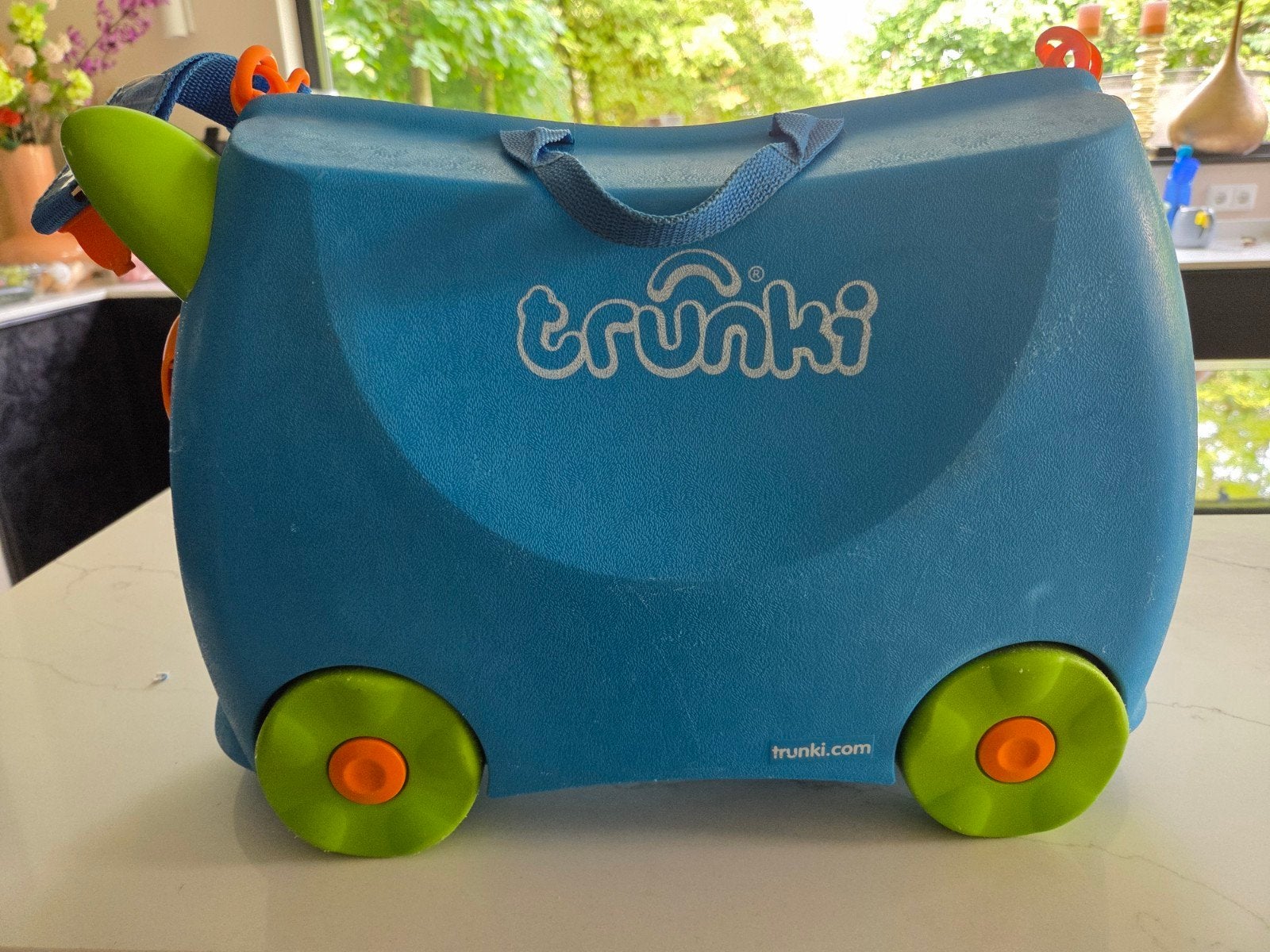 Trunki Kinderkoffer Blauw met Groene Wielen, Ophalen, Gebruikt