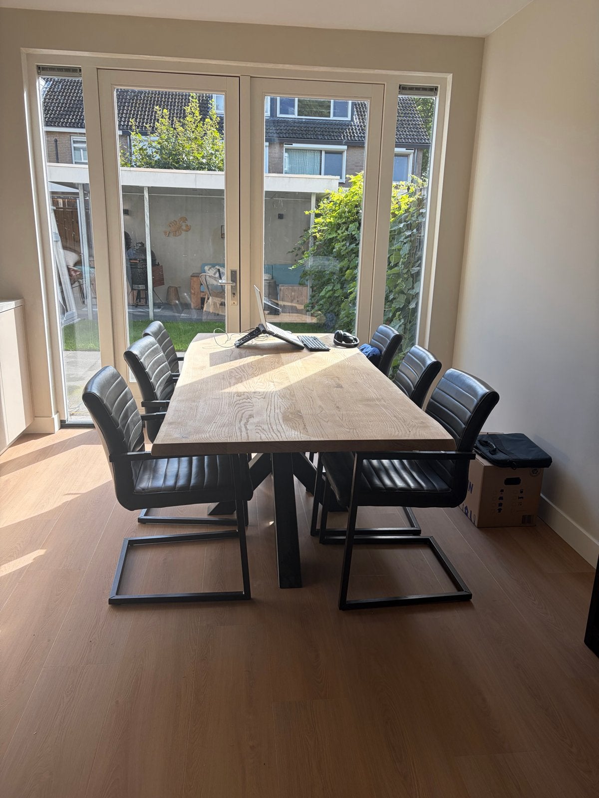 6x antraciet Woood Eetkamerstoelen, Huis en Inrichting, Ophalen, Zwart, Leer, Zo goed als nieuw