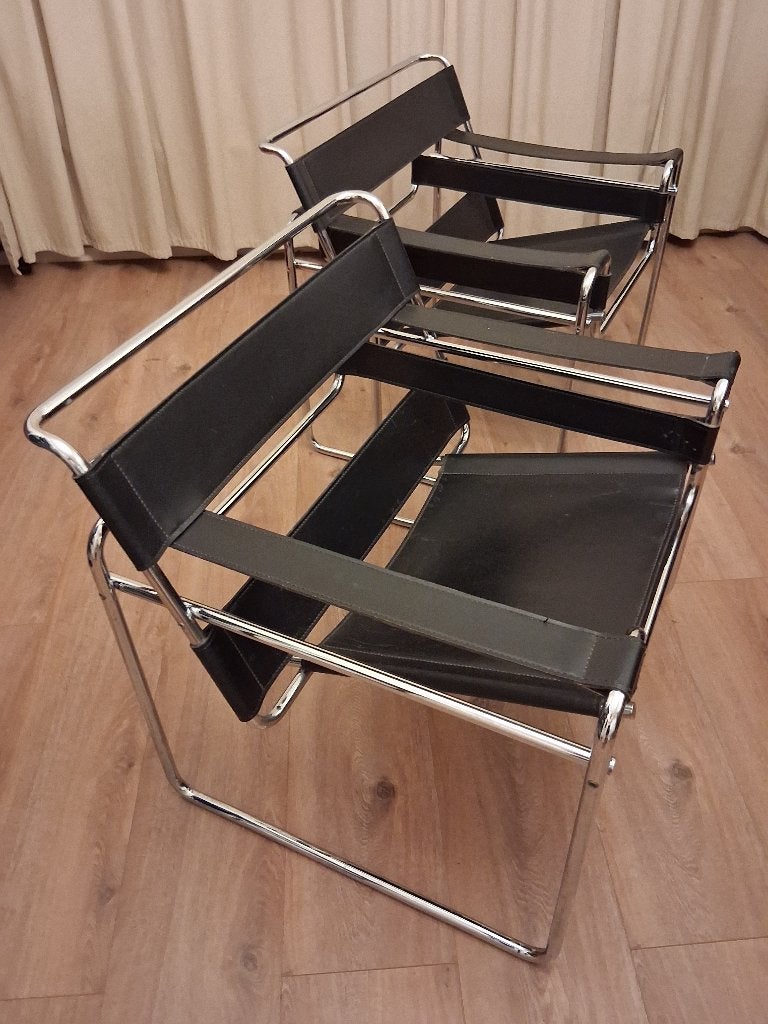 2 x Vintage Wassily Chairs (B3) – Zwart Tuigleer & Chroom, Ophalen, Gebruikt, Twee, Zwart
