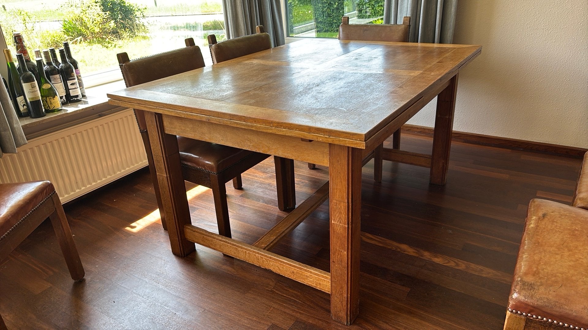 Deze week ophalen! Massief houten tafel Hollandse School, Ophalen, Gebruikt, Eikenhout, 50 tot 100 cm