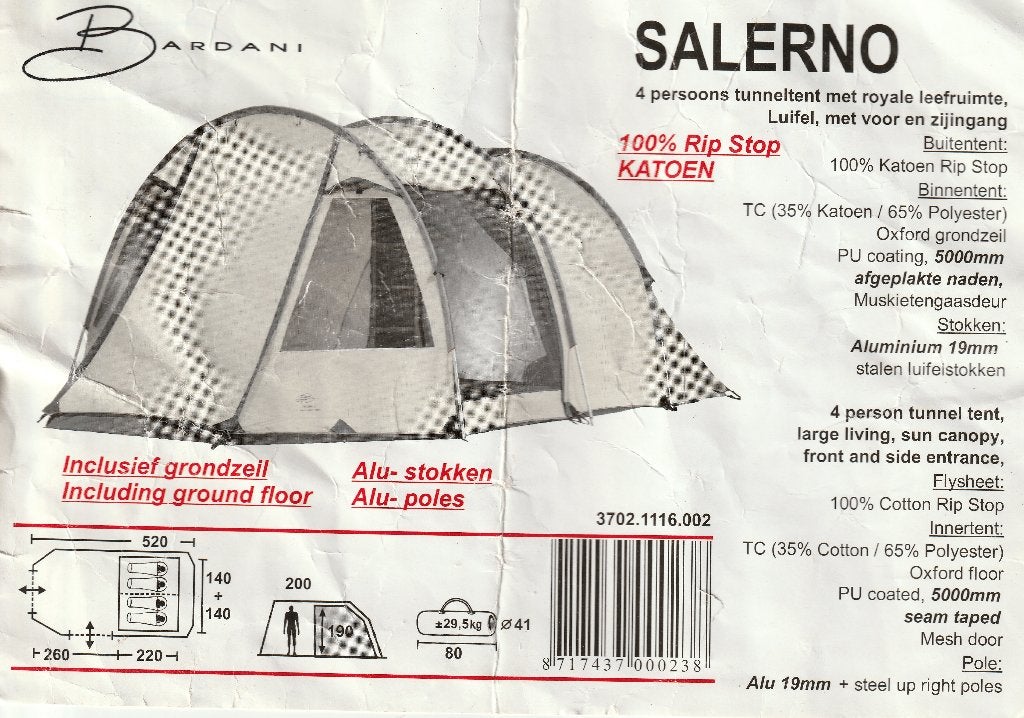 Bardani Salerno 4 persoons tent, Caravans en Kamperen, Ophalen, Gebruikt, Tot en met 4