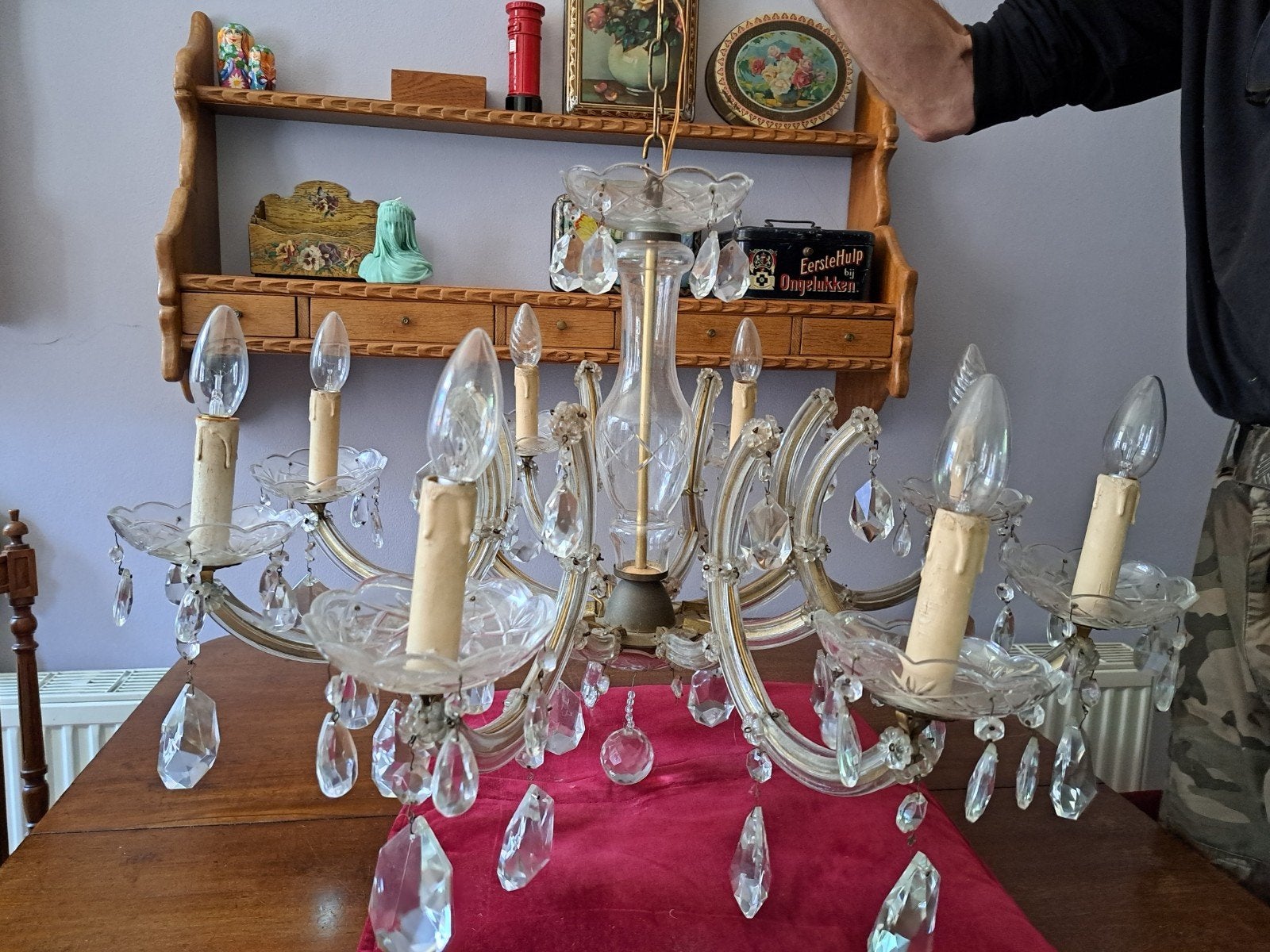 Brocante kroonluchter hanglamp lamp plafonnière kristal goud, Ophalen, Overige materialen, Gebruikt, E14 (klein)
