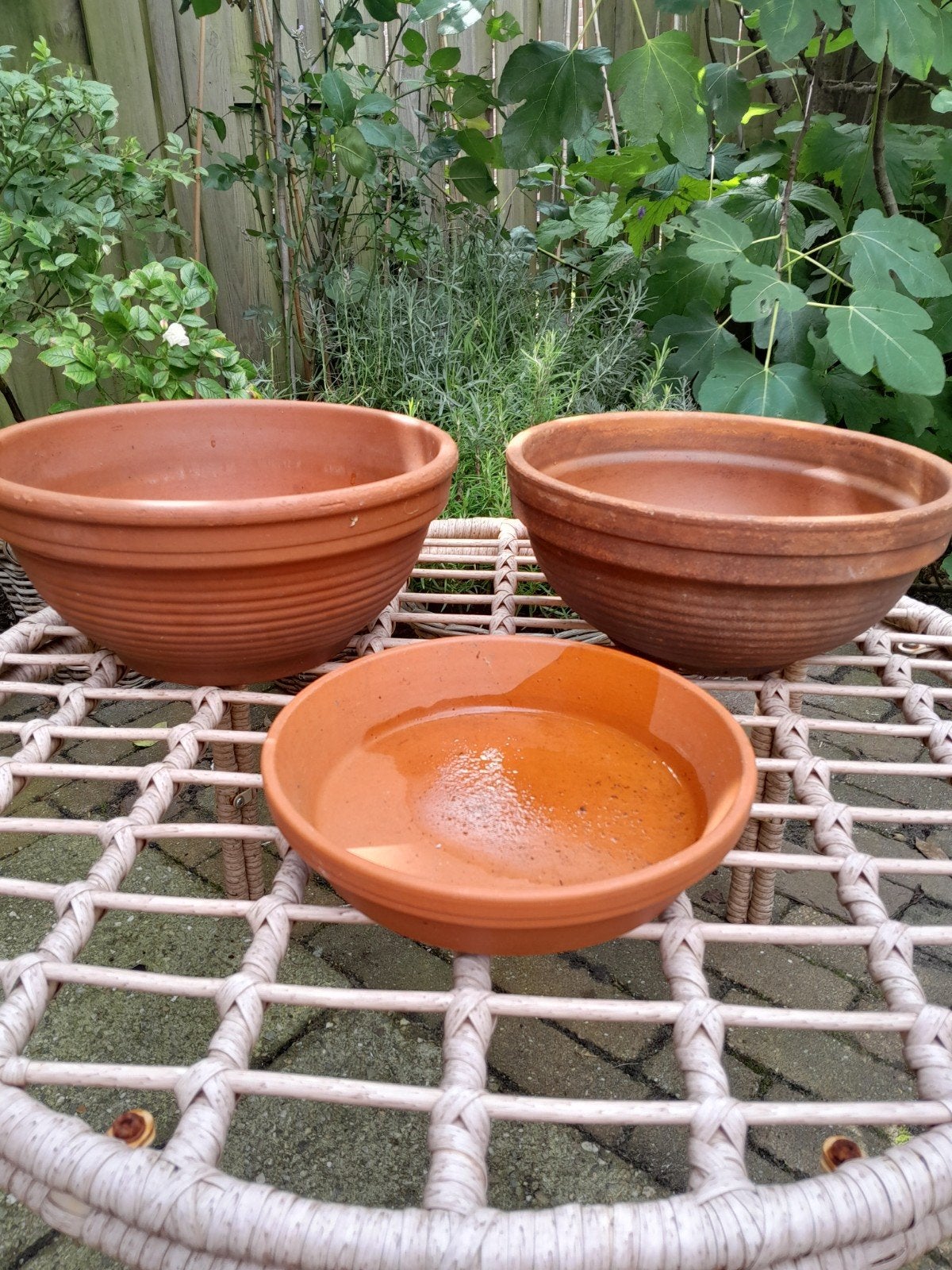 Set van 3 Terracotta Bloempotten/Schalen, Tuin en Terras, Gebruikt, Rond, Minder dan 40 cm, Binnen