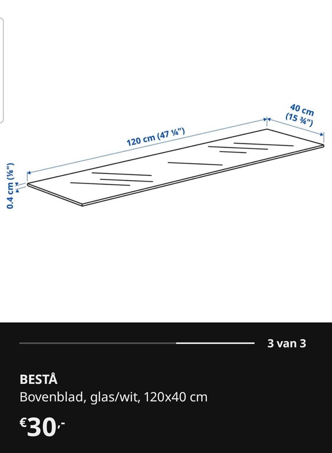 IKEA BESTÅ Bovenblad glas/wit, 120x40 cm, Ophalen