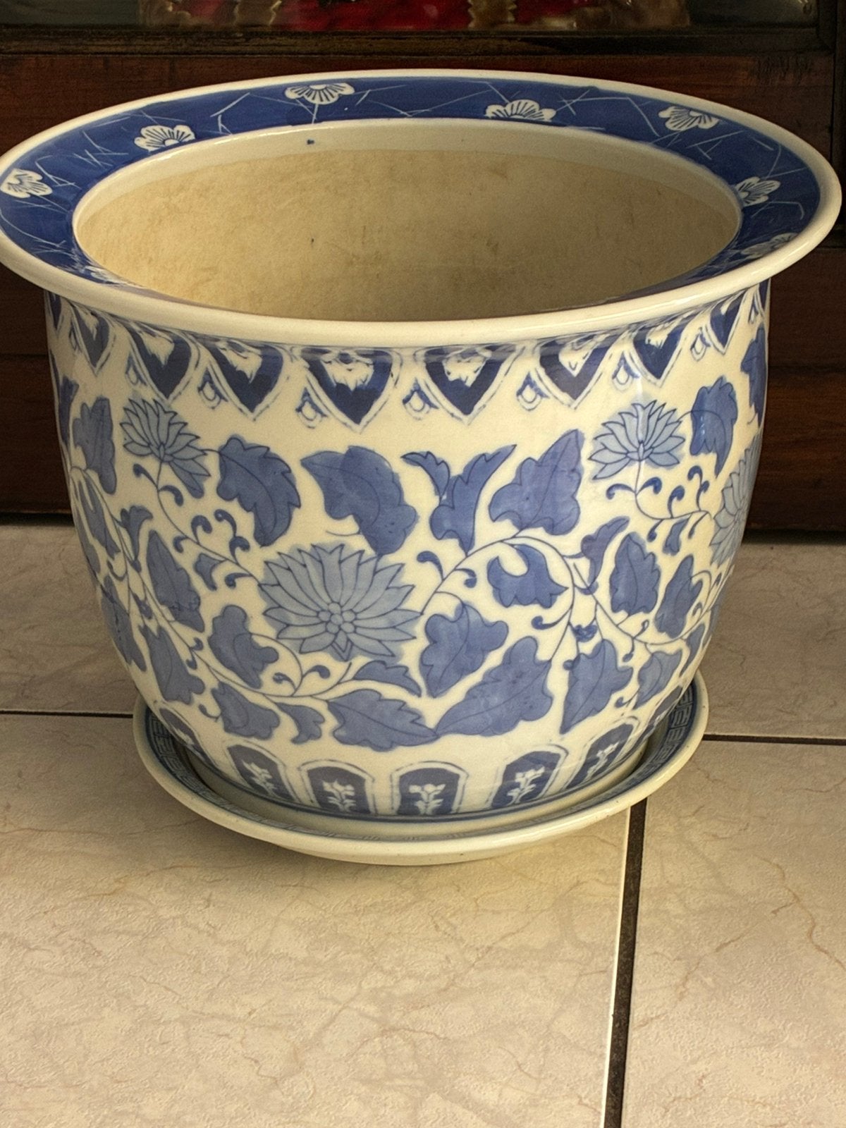 Grote Chinese bloempot met schotel, Ophalen, Rond, Zo goed als nieuw, Aardewerk