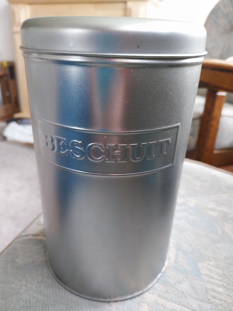 Metalen Beschuitbus 12,5 cm - Zilverkleurig, Gebruikt, Zilver, Ophalen of Verzenden, Voorraadpot