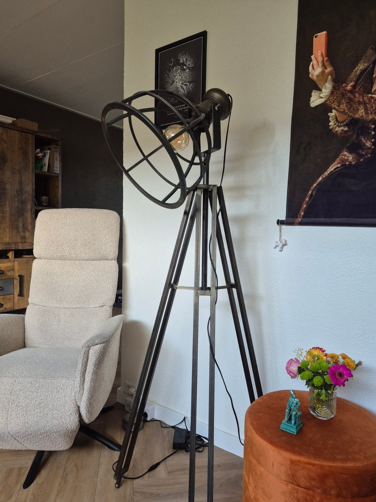 Industriële Vloerlamp met Roosterkap, Ophalen, Gebruikt, E27 (groot), Metaal