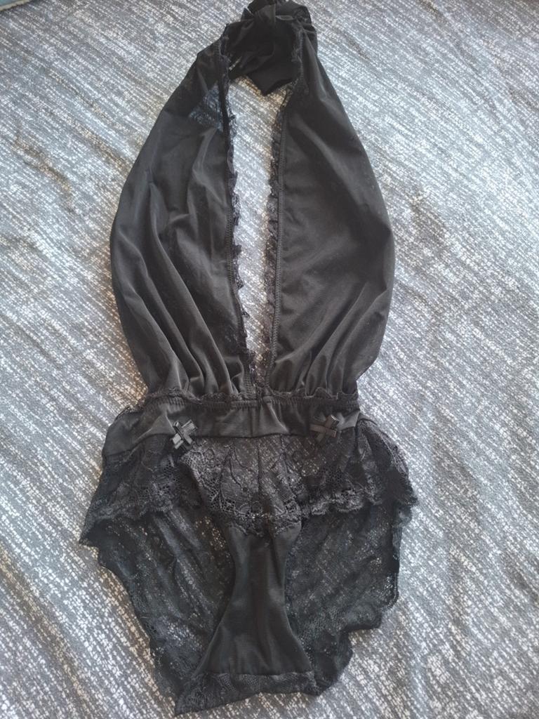 Zwarte Kanten Satijnen Teddy Lingerie Bodysuit - Maat S, Ophalen of Verzenden