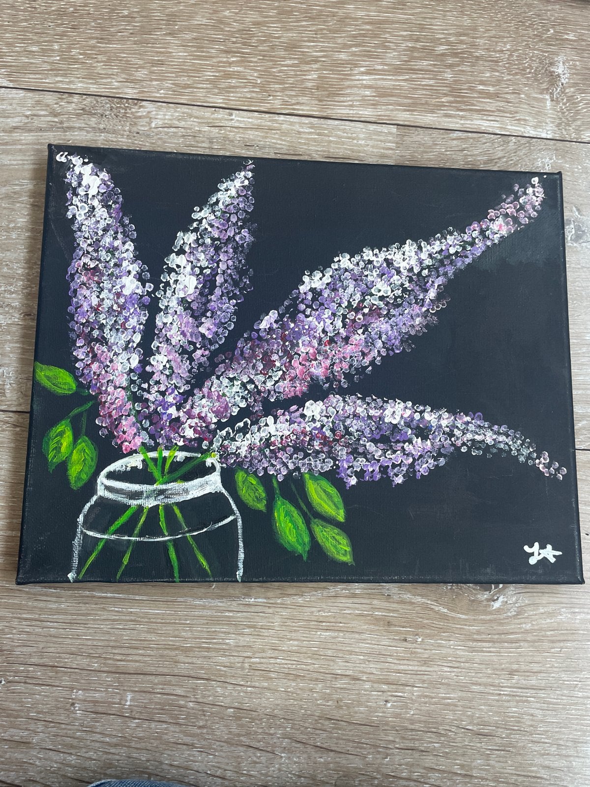 Schilderij: Lila Bloemen in Vaas - Handgeschilderd, Acrylverf, Verzenden, Handgeschilderd, Bloemen