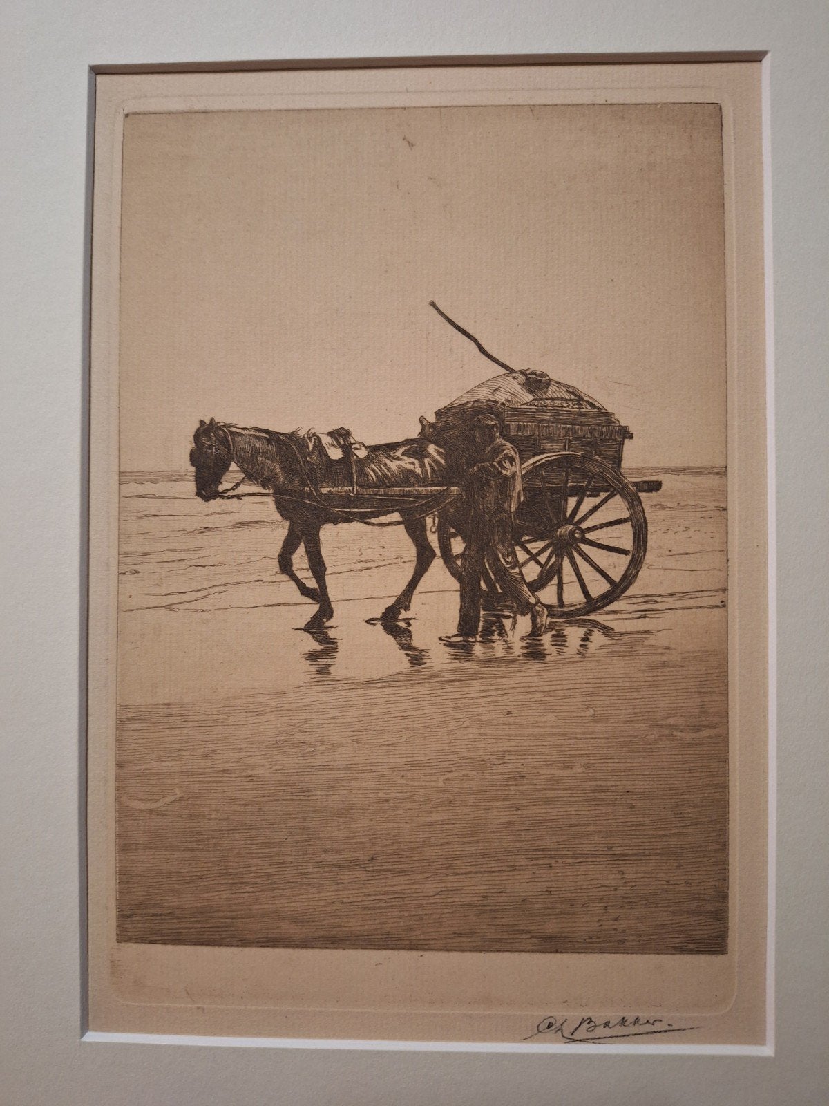 Ets van een schelpenvisser met paard en kar, Dagelijks leven, Ets, Ophalen of Verzenden, Origineel