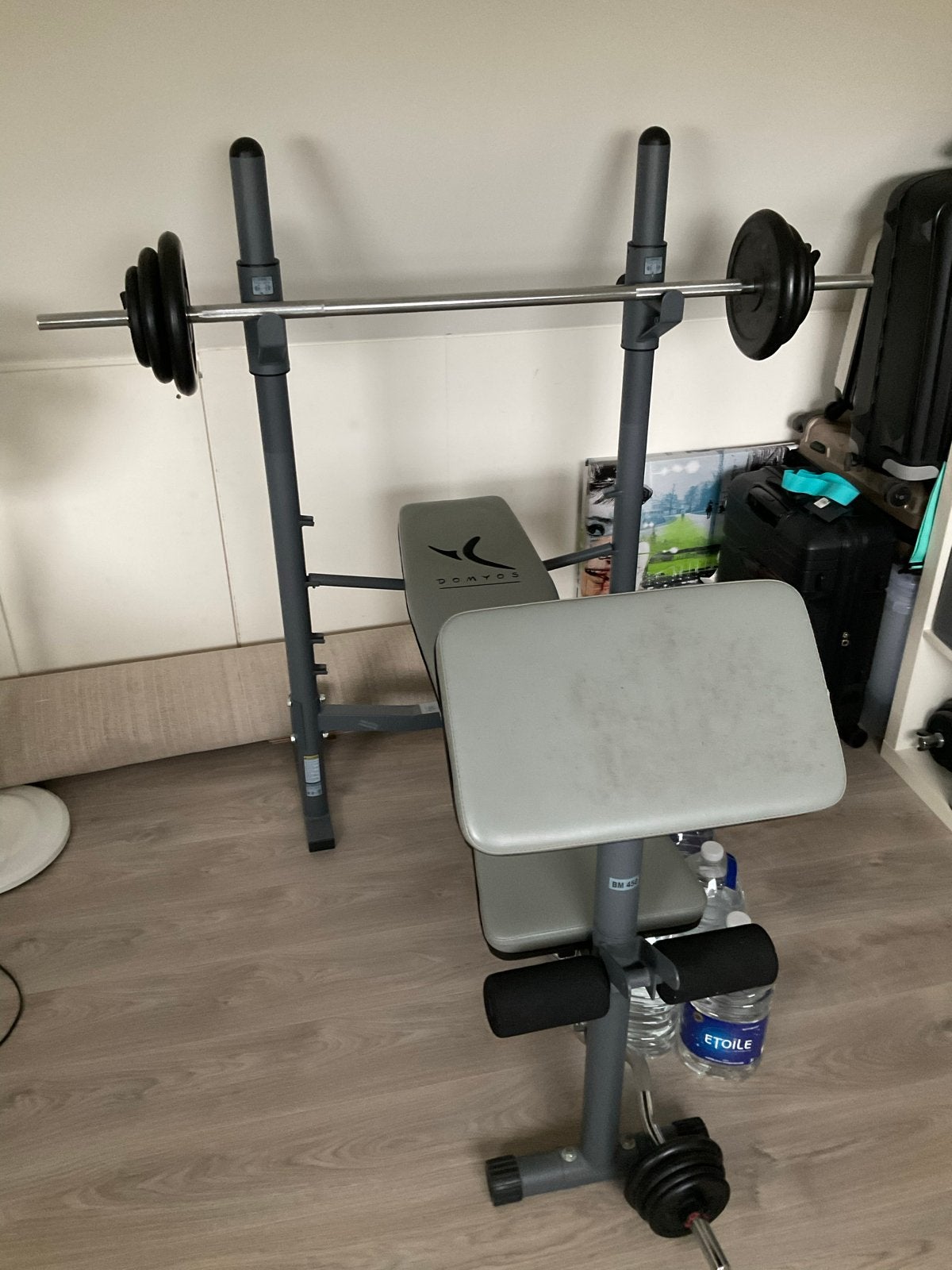 Krachtstation met halterbank en gewichten, Ophalen, Gebruikt, Krachtstation, Armen