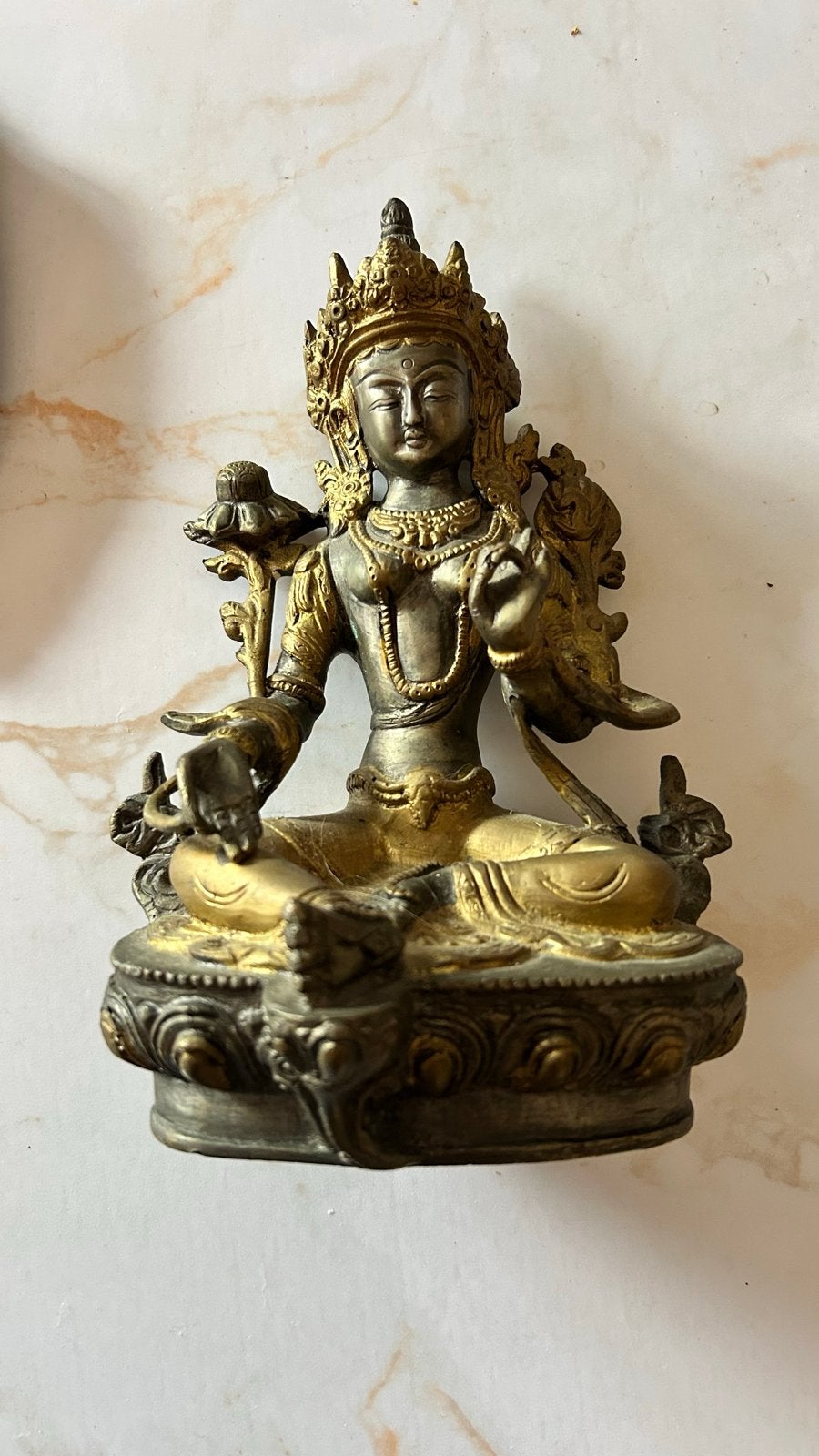 Groene Tara Tibetaans Beeld - Handgemaakt Brons, Tibet, Goud, Handgemaakt, Ophalen of Verzenden
