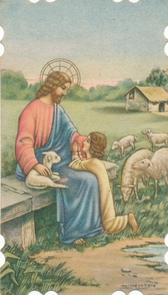 Mooi oud devotieprentje Jezus + kind en schapen, Ophalen of Verzenden, Zo goed als nieuw, Kaart of Prent, Christendom | Katholiek