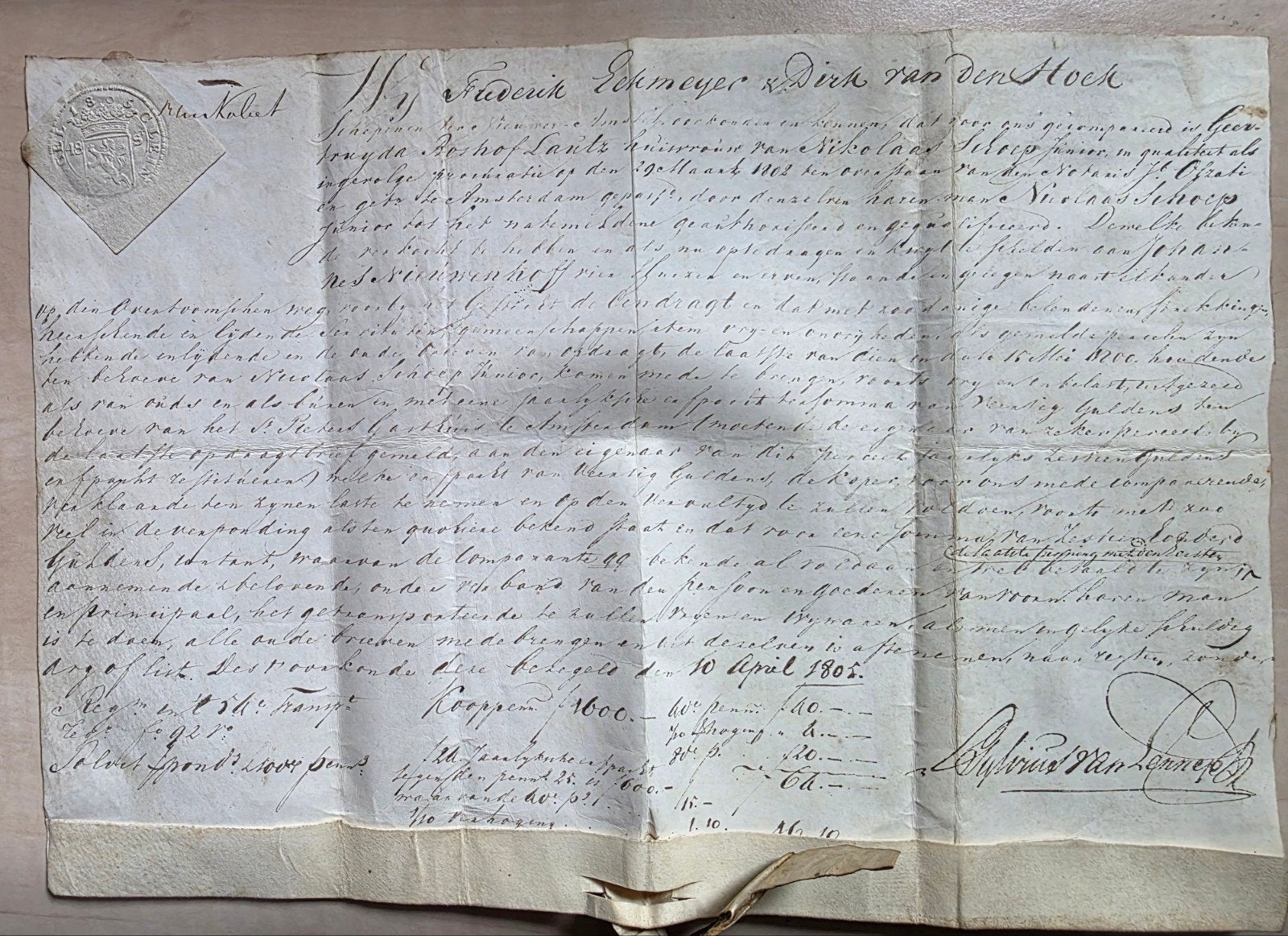 027) PERKAMENTEN AKTE 1805 FRANSE TIJD FISCAALZEGEL J.OLZAKI, Verzenden, Voor 1920, Overige typen