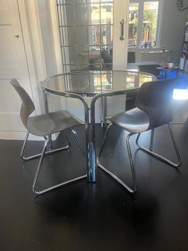 Vintage ronde ‘60-‘70 design glazen tafel, Huis en Inrichting, Tafels | Salontafels, Ophalen, Gebruikt, 100 tot 150 cm, 50 tot 75 cm