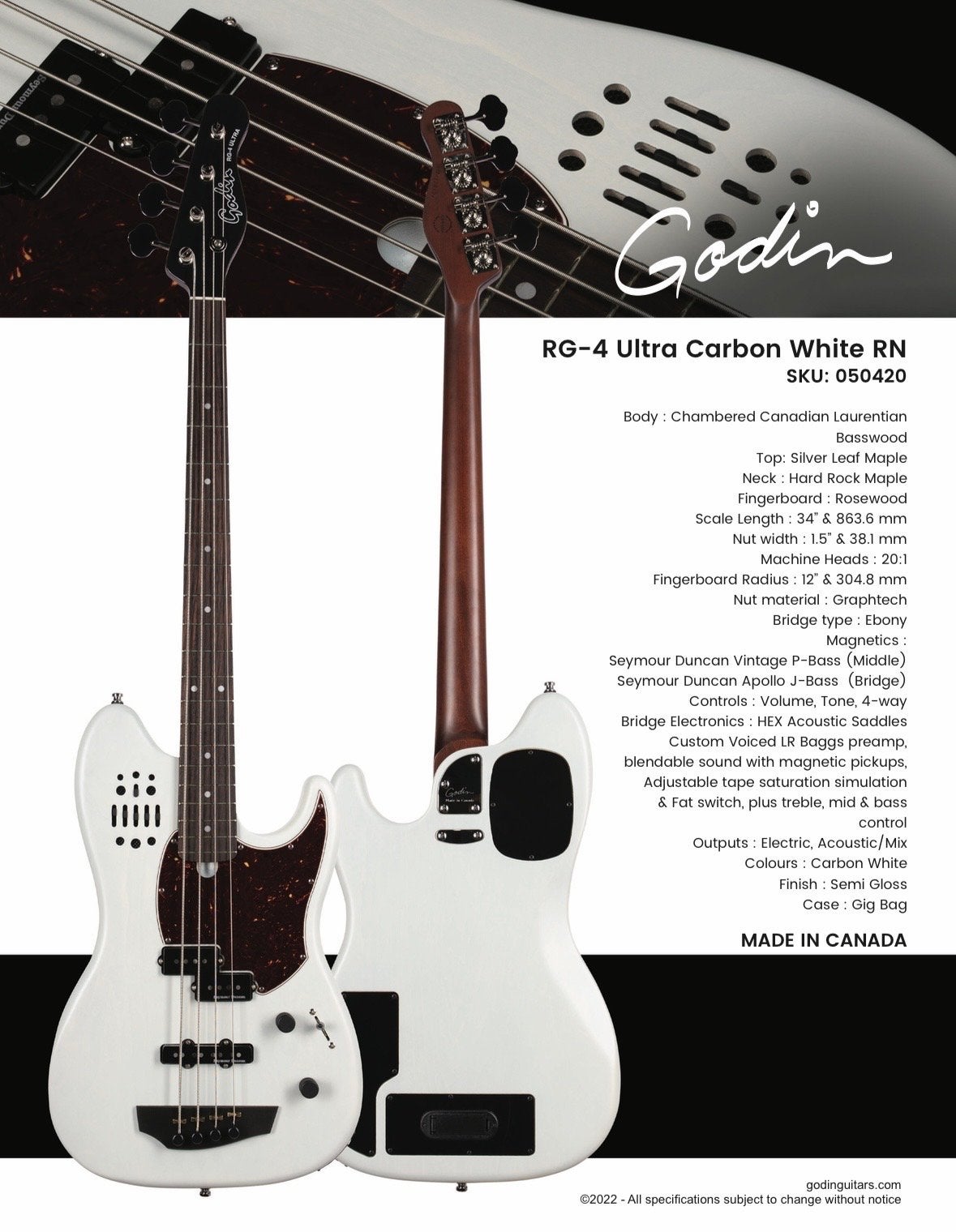 Godin RG-4 Ultra Carbon White Basgitaar - Hybride, Ophalen of Verzenden, Zo goed als nieuw, Elektrisch