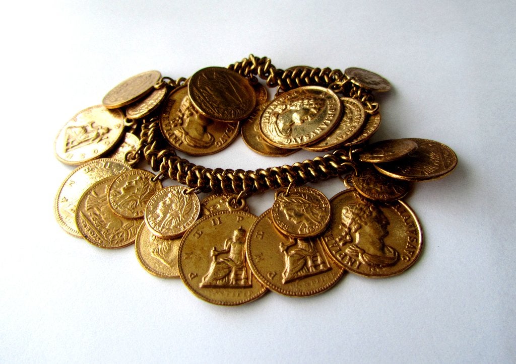 Prachtige vintage Munten armband, verguld, Ophalen, Zo goed als nieuw, Goud, Overige materialen