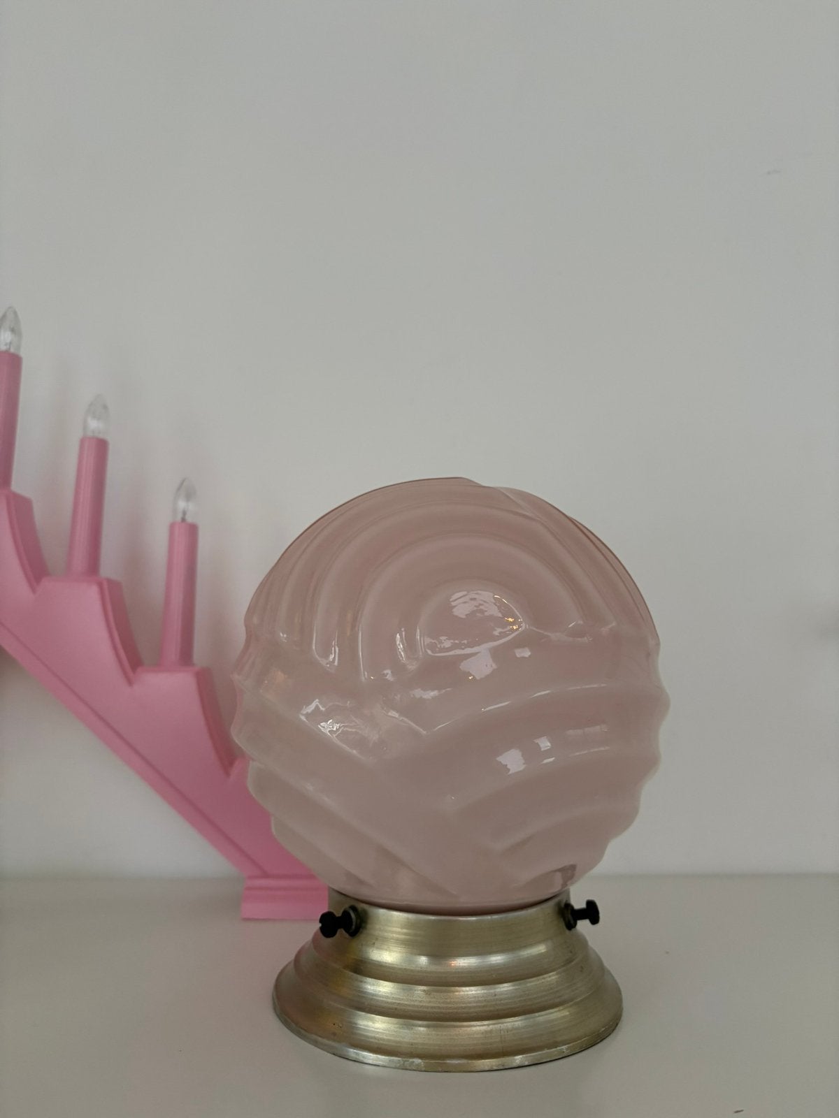 Antieke plafondlamp, roze vintage lamp, hallamp, plafonnière, Ophalen of Verzenden