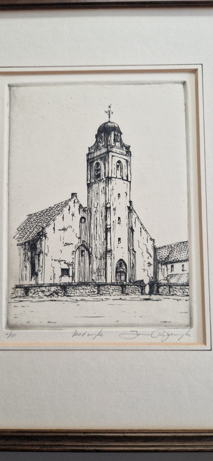 Gesigneerde ets Oude Kerk Katwijk aan Zee, 12/150, Antiek en Kunst, Ophalen of Verzenden