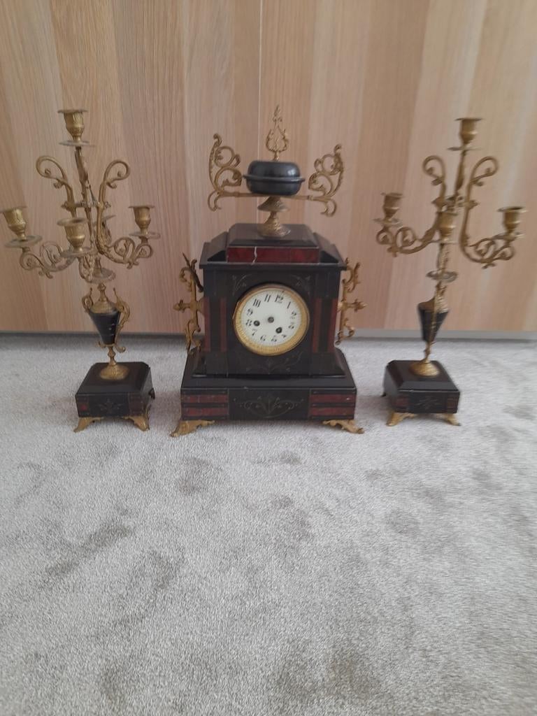 Antieke Franse pendule met 2 kandelaren, Ophalen of Verzenden