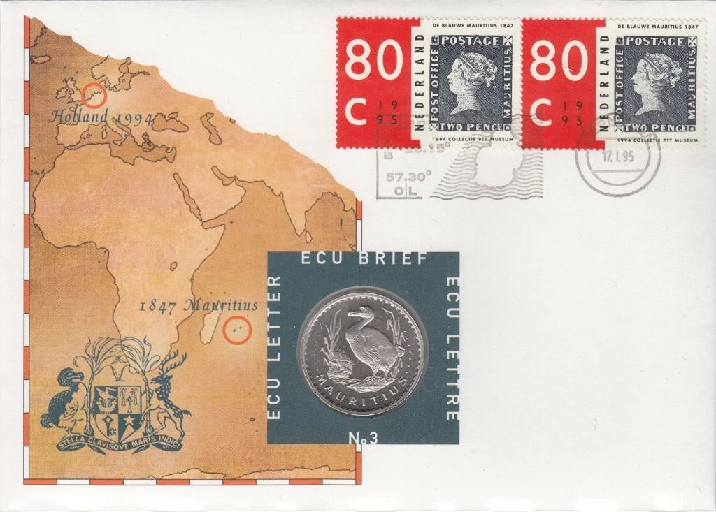 Nederland ECU brief No. 3 Mauritius 1995 met mooie penning, Ophalen of Verzenden, Overige materialen, Nederland