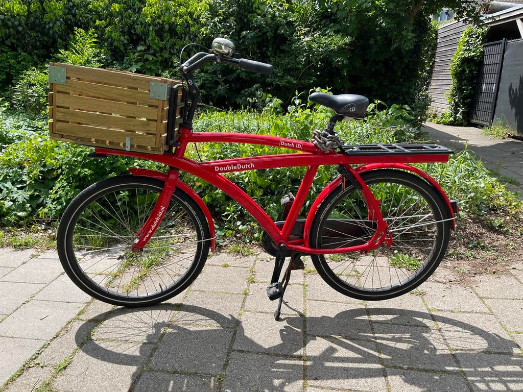 DutchID DoubleDutch Transportfiets Rood met Krat, Terugtraprem, Gebruikt, Versnellingen, 53 tot 57 cm