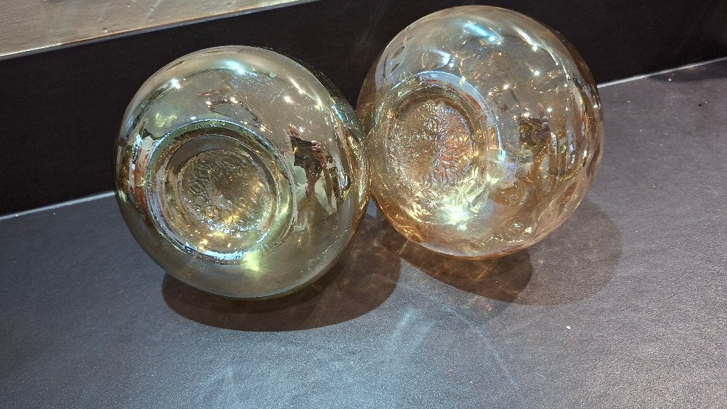 2 mooie parelmoer glazen vazen goud kleurig en groen, Ophalen, Gebruikt, Overige kleuren, Glas