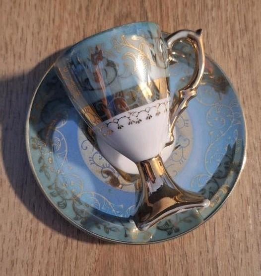 Vintage Lusterware kop en schotel, mintgroen wit goud!, Antiek en Kunst, Ophalen of Verzenden
