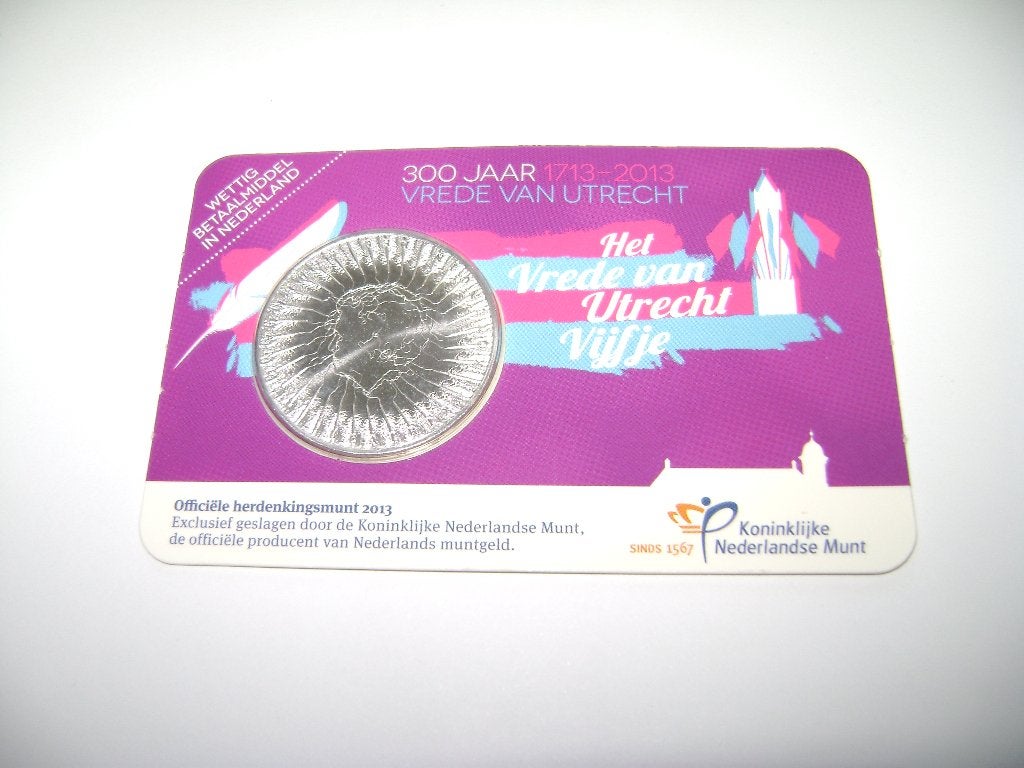 Het Vrede van Utrecht Vijfje in Unc kwaliteit in Coincard, Ophalen of Verzenden, Koningin Beatrix, Euro's, Setje