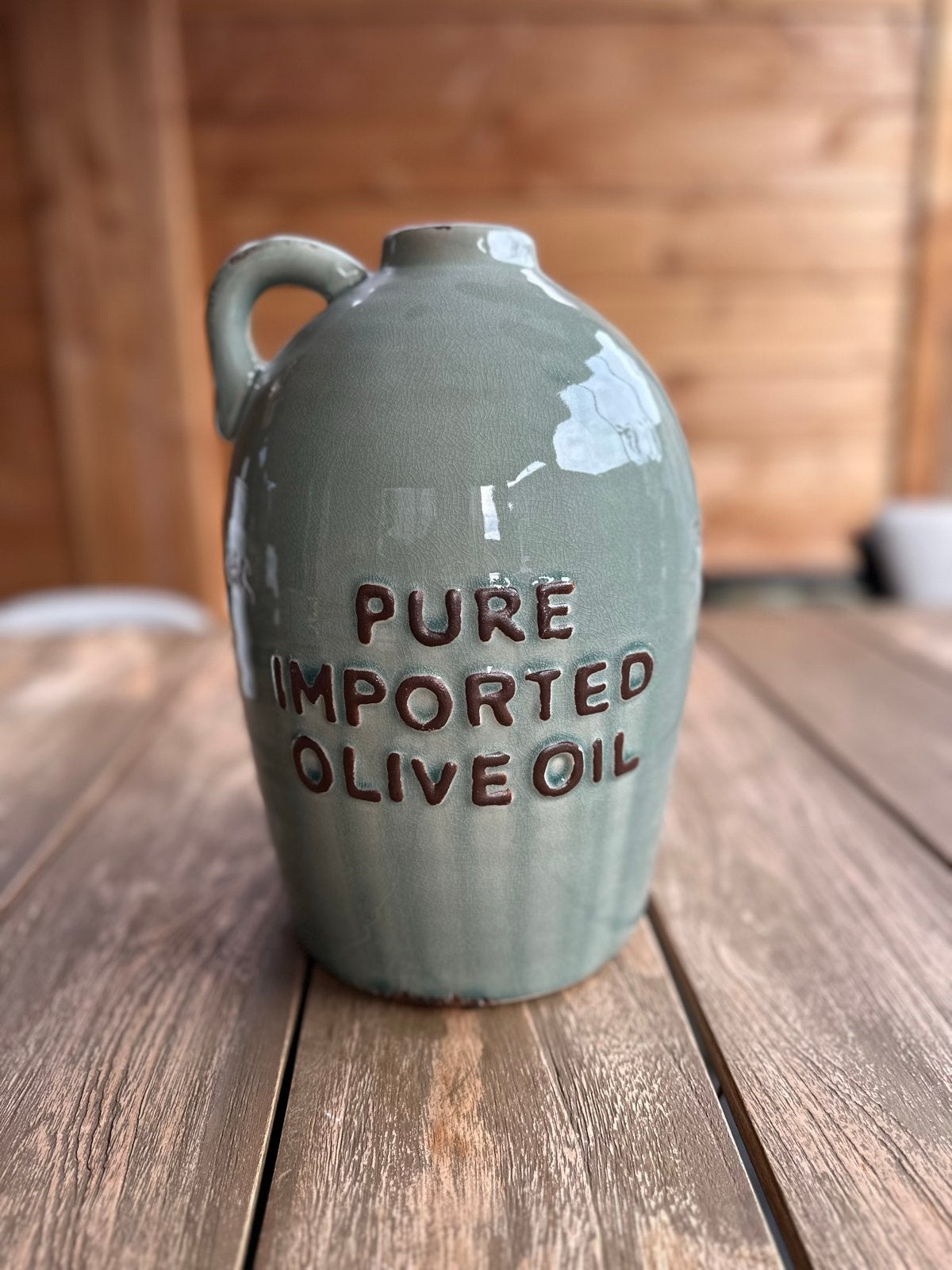 Decoratieve vaas 'Pure Imported Olive Oil' - Groen, Ophalen, 30 cm, Met handvat, Zo goed als nieuw