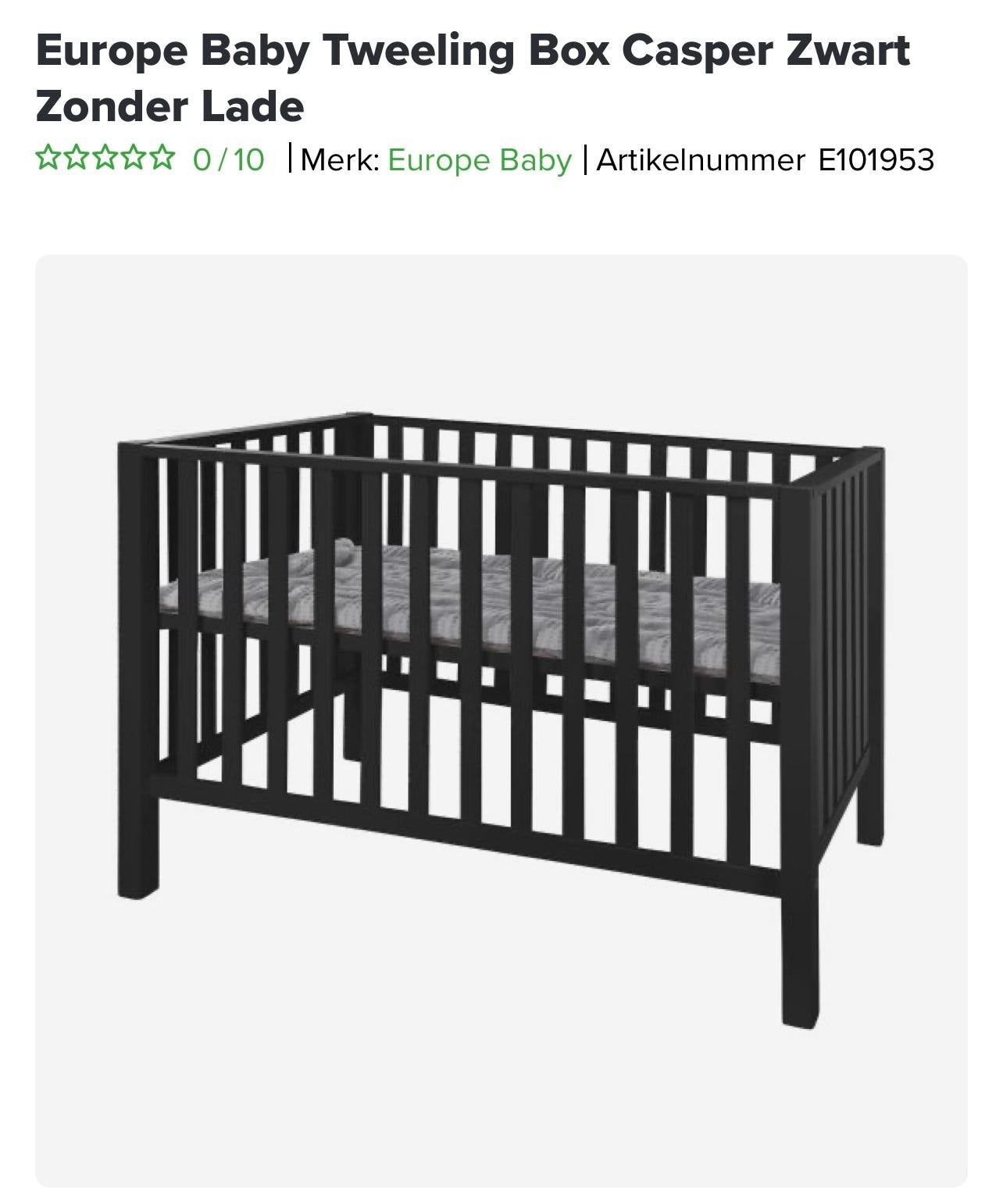 Europe Baby Tweeling Box Casper Zwart met Boxkleed, Ophalen, Zo goed als nieuw, Rechthoekig, Boxkleed