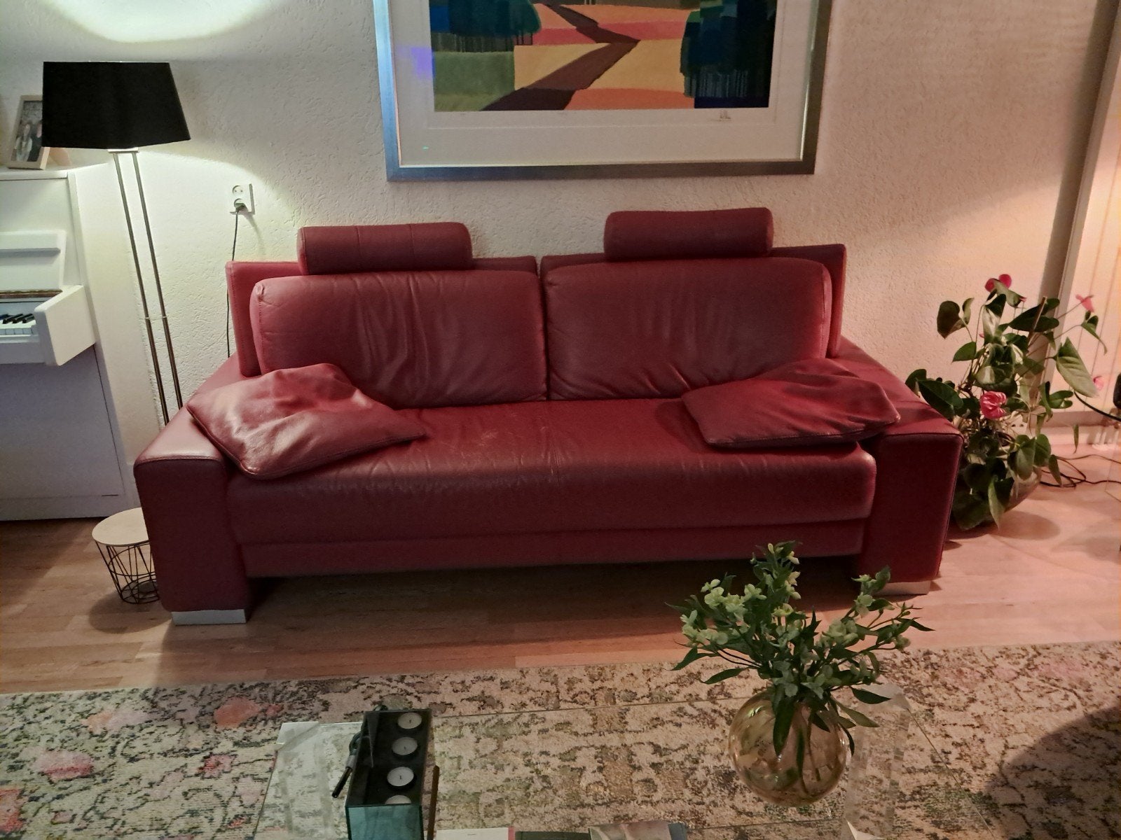 Comfortabele 3-zits bank, rood leer - GRATIS AF TE HALEN, Ophalen, Gebruikt, Driepersoons, Rechte bank