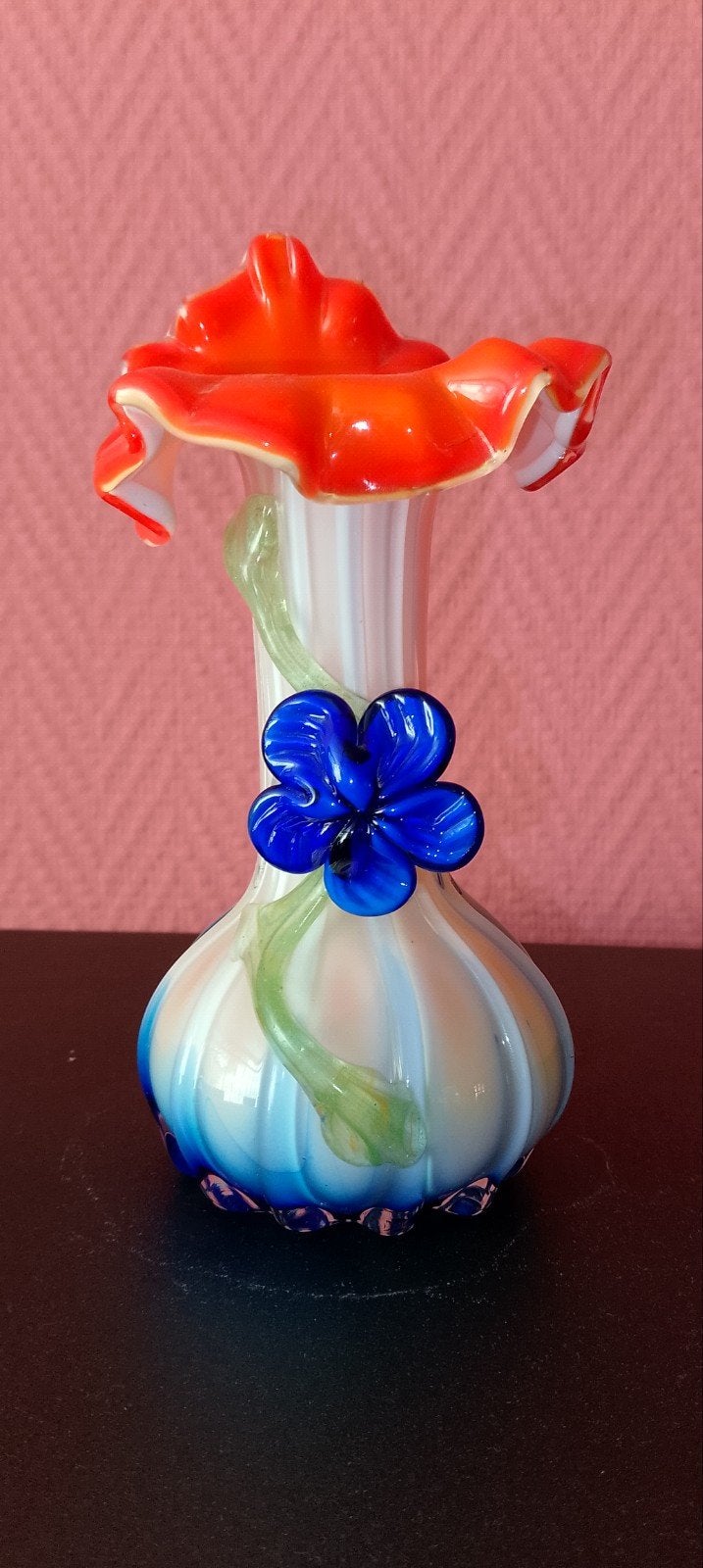 Vintage Murano stijl Jack-in-the-Pulpit vaas met bloem 19cm, Antiek en Kunst, Ophalen of Verzenden