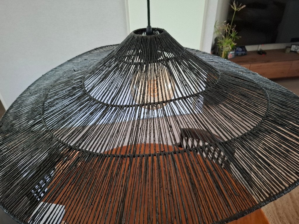 Zwarte organische hanglamp, Ophalen, Japandi, Balinees, Natuurlijk materiaal, E27 (groot)