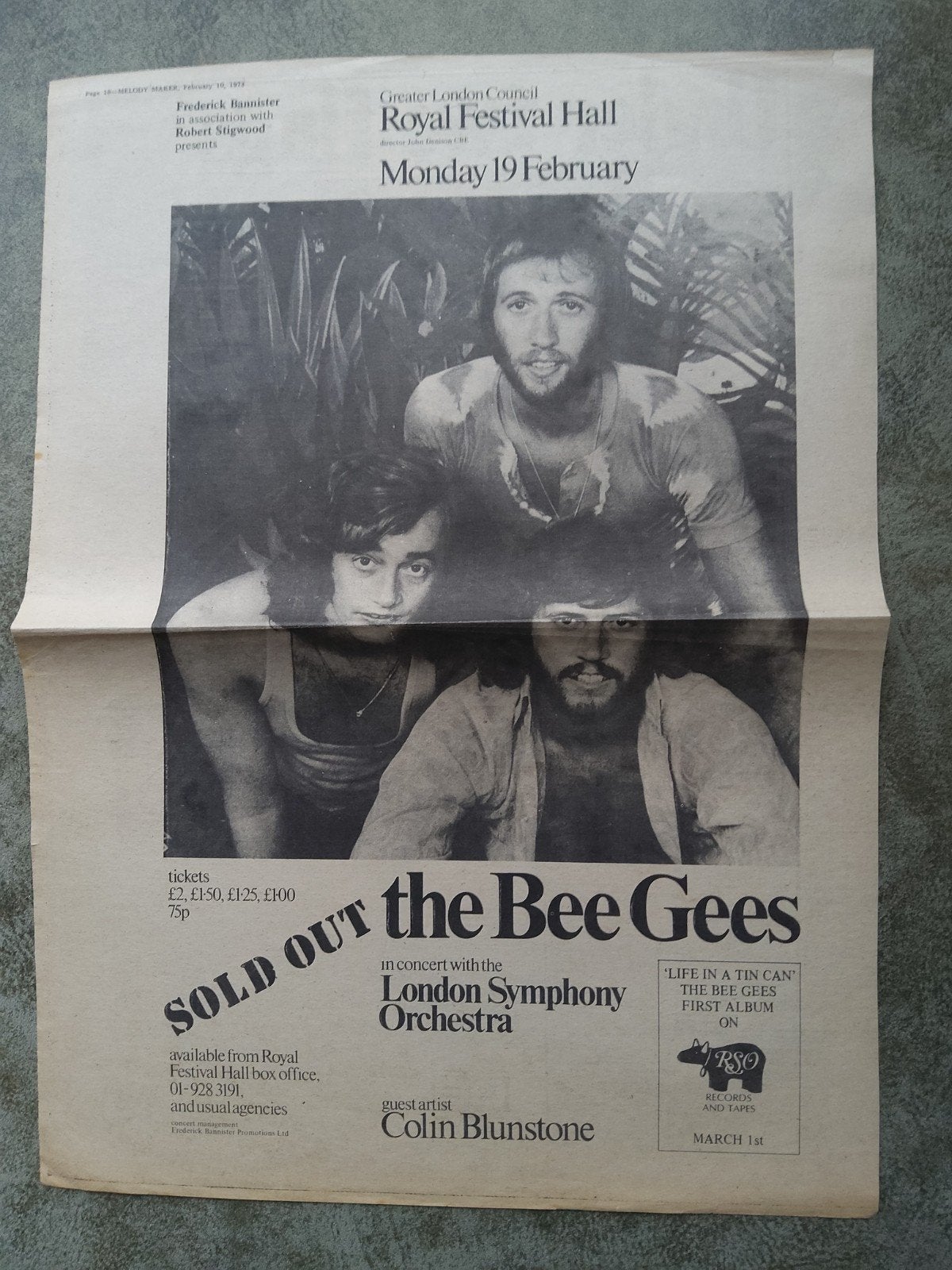 The Bee Gees: Concert aankondiging  a3  formaat 1,50, Ophalen of Verzenden