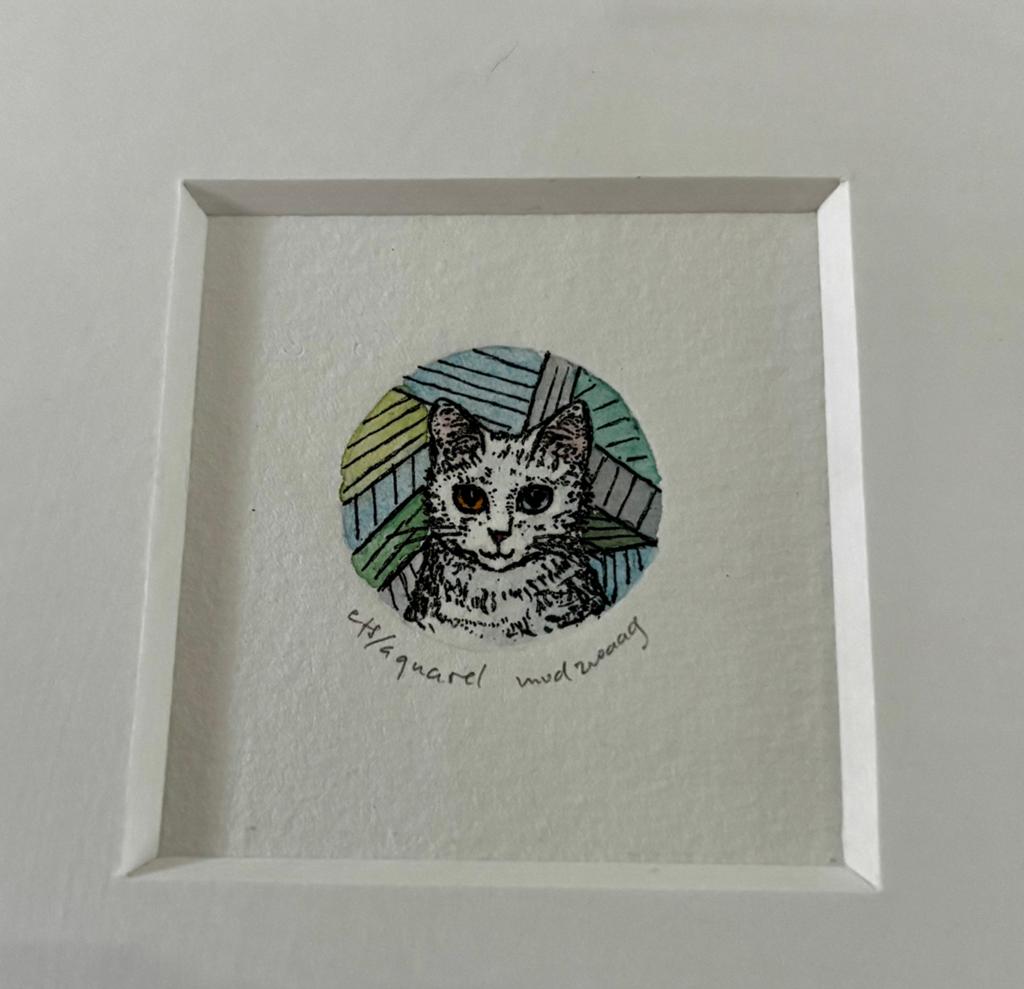 Ingelijste aquarel van kat - gesigneerd, Ophalen of Verzenden