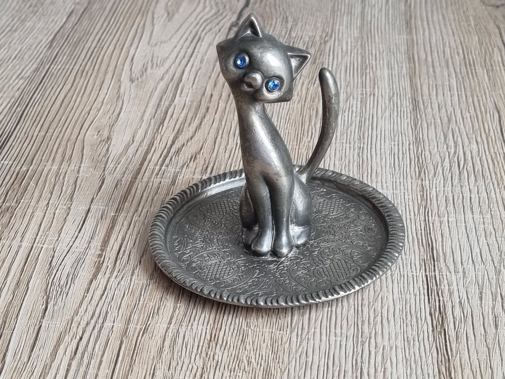 Vintage Ring Houder Kat Poes Blauwe Ogen Zinc Alloy Silver, Verzenden, Gebruikt
