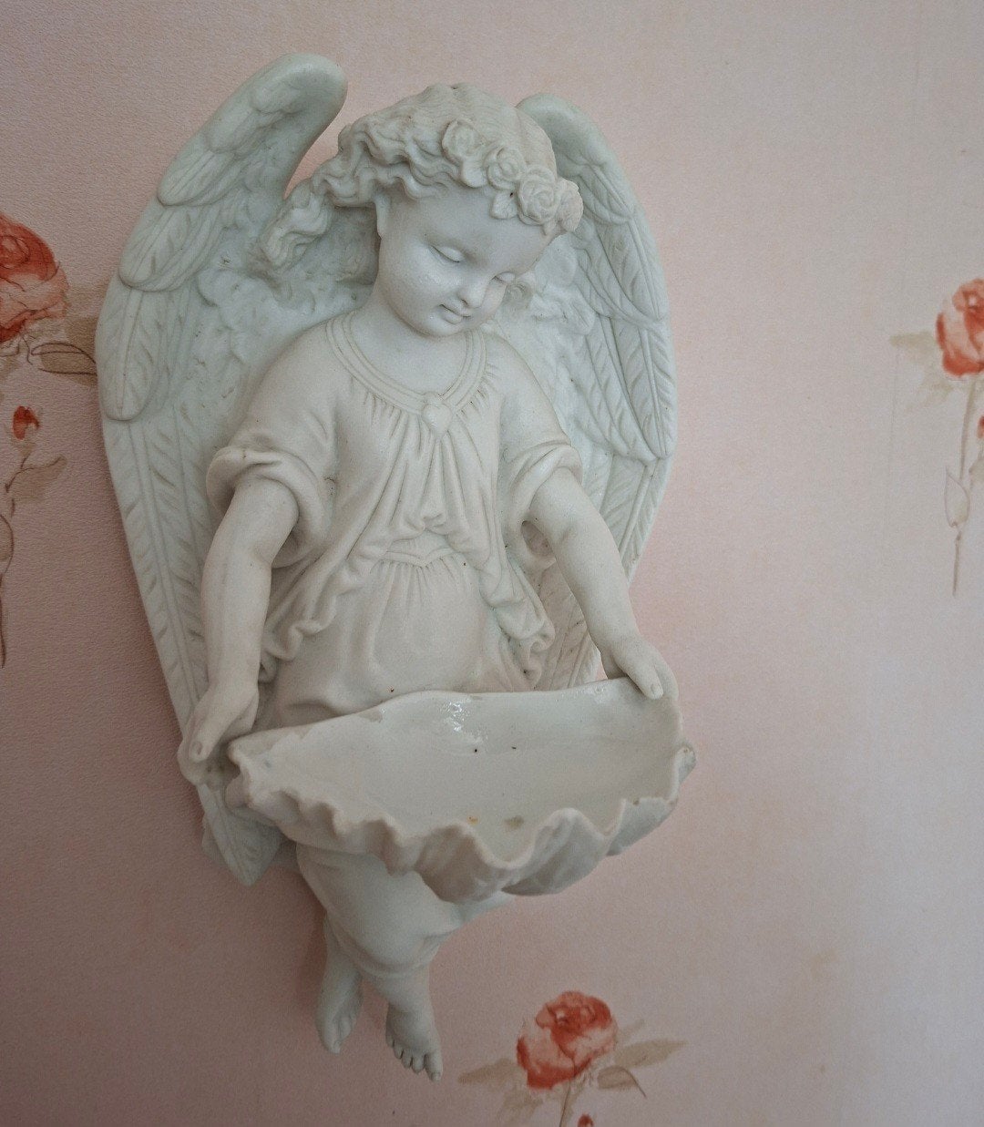 Antieke Engel met Wijwaterbakje - Biscuit Porselein 30 cm!, Ophalen
