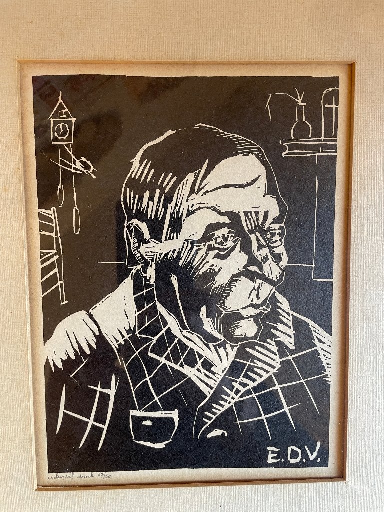 Houtsnede van oude man door E.D.V. no. 37/50, Antiek en Kunst, Kunst | Etsen en Gravures, 1950 - 1999, Portret, Ophalen of Verzenden