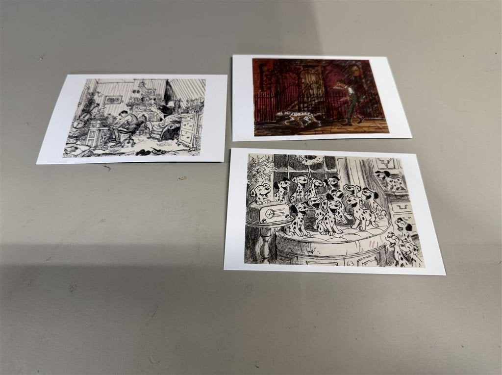 Drie disney postkaarten 101 Dalmatians 1961 Story Sketch by, Ophalen of Verzenden, Overige figuren, Nieuw, Beeldje of Figuurtje
