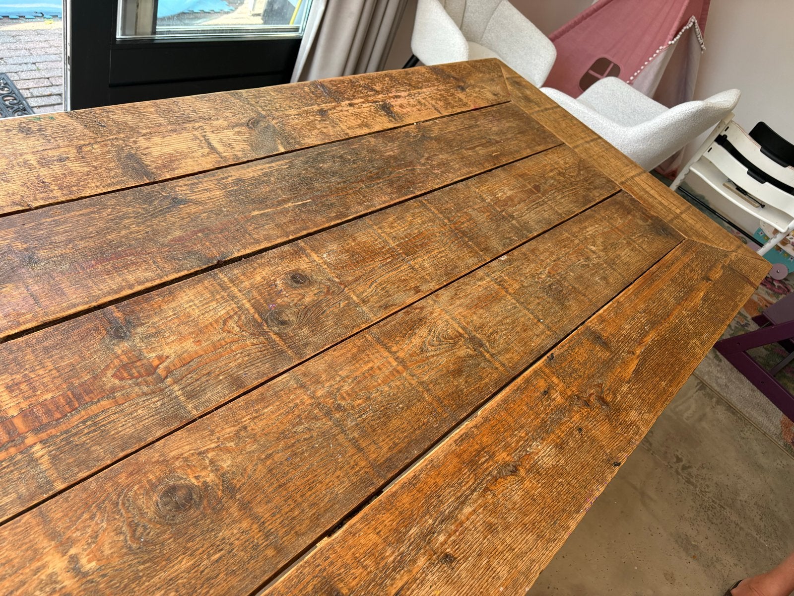 Robuuste houten tafel - 240cm breed, 80cm hoog, Huis en Inrichting, Tafels | Eettafels, Ophalen, Gebruikt, Vijf personen of meer