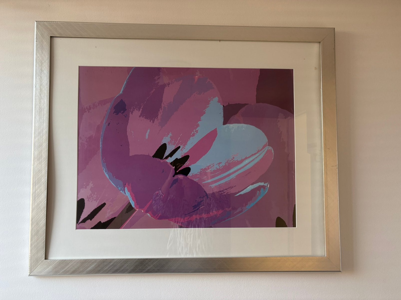 Groot roze/lila/lichtblauw bloemschilderij incl. lijst, Ophalen