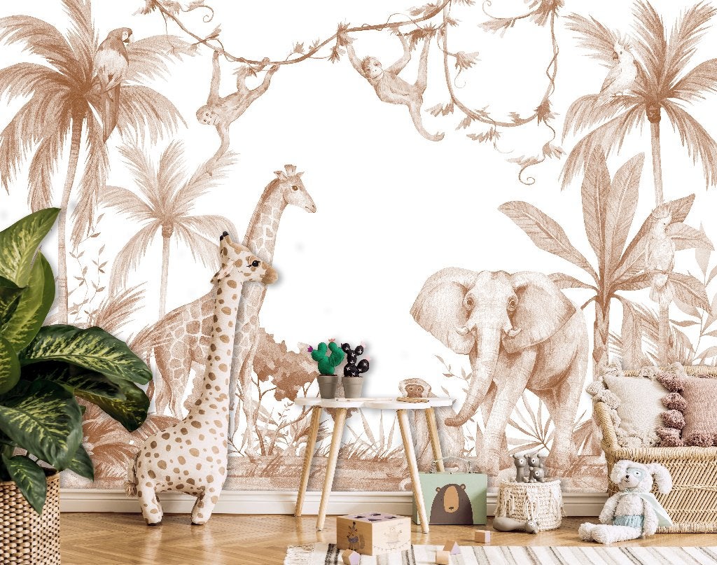 Fotobehang / Behang - Kinderkamer - Jungle Dieren Terracotta, Huis en Inrichting, Meerkleurig, Info@fotobehangkoning.nl, Fotobehang