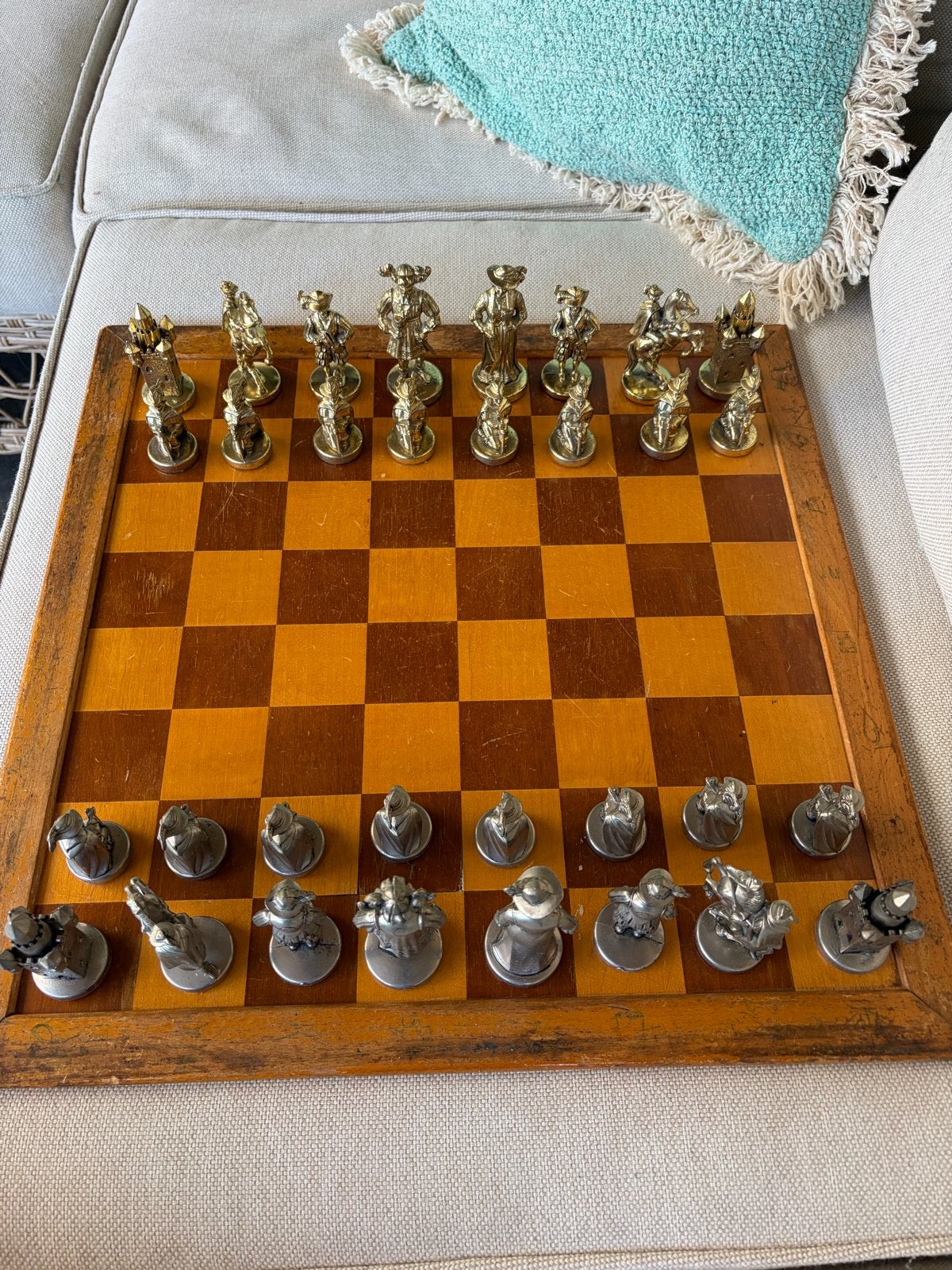 Vintage Griekse Manopoulos Metalen Schaakstukken (32x), Een of twee spelers, Ophalen of Verzenden, Gebruikt